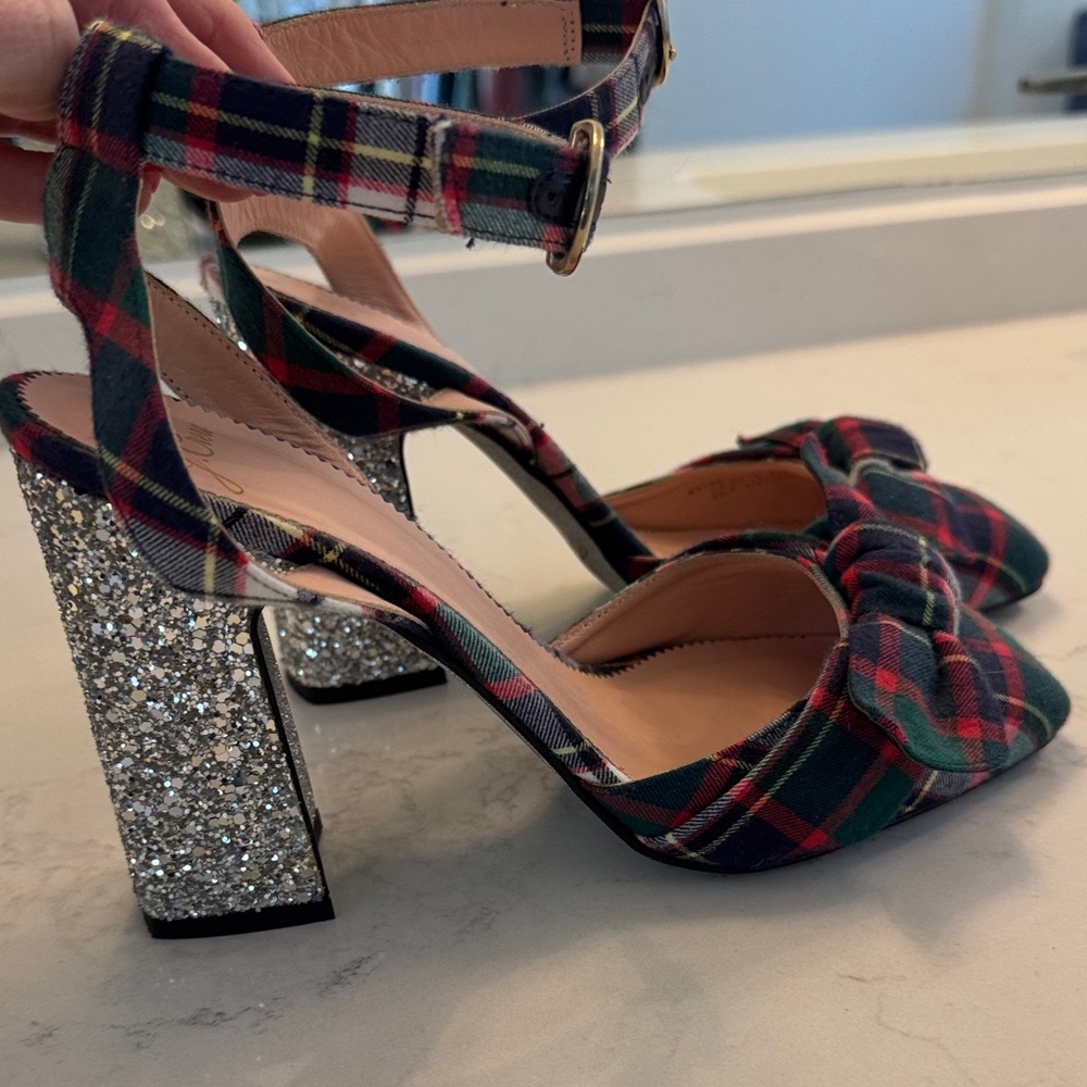 J. Crew Plaid Bow Heels, silver Glitter heel, size 8, 4”heel - Picture 4 of 10